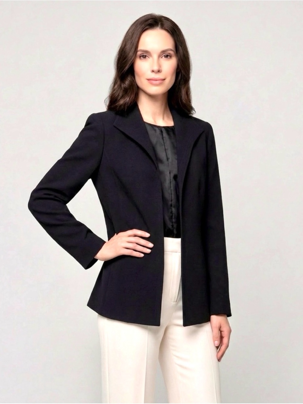 KASPER Size 14 Black Open Front Jacket Blazer Long Sleeve Women’s Lined